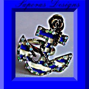 Antique Anchor Design Ring With Clear Rhinestones Size 7 & Adjustable